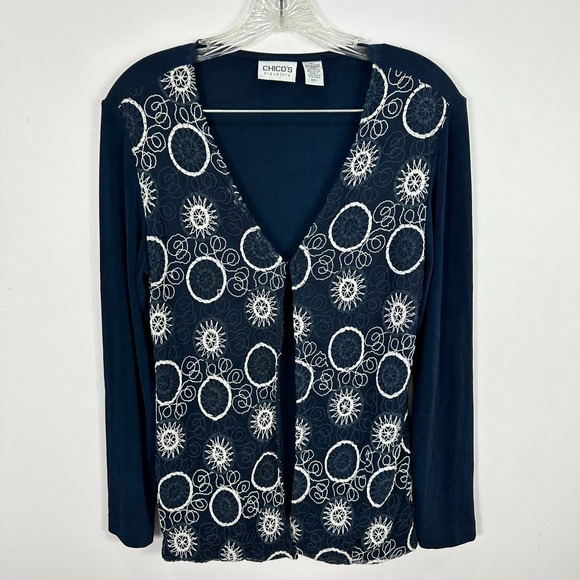 Chicos Travelers Womens 1 Navy Embroidered Cardigan Top Boho Artsy Festival - Picture 1 of 6